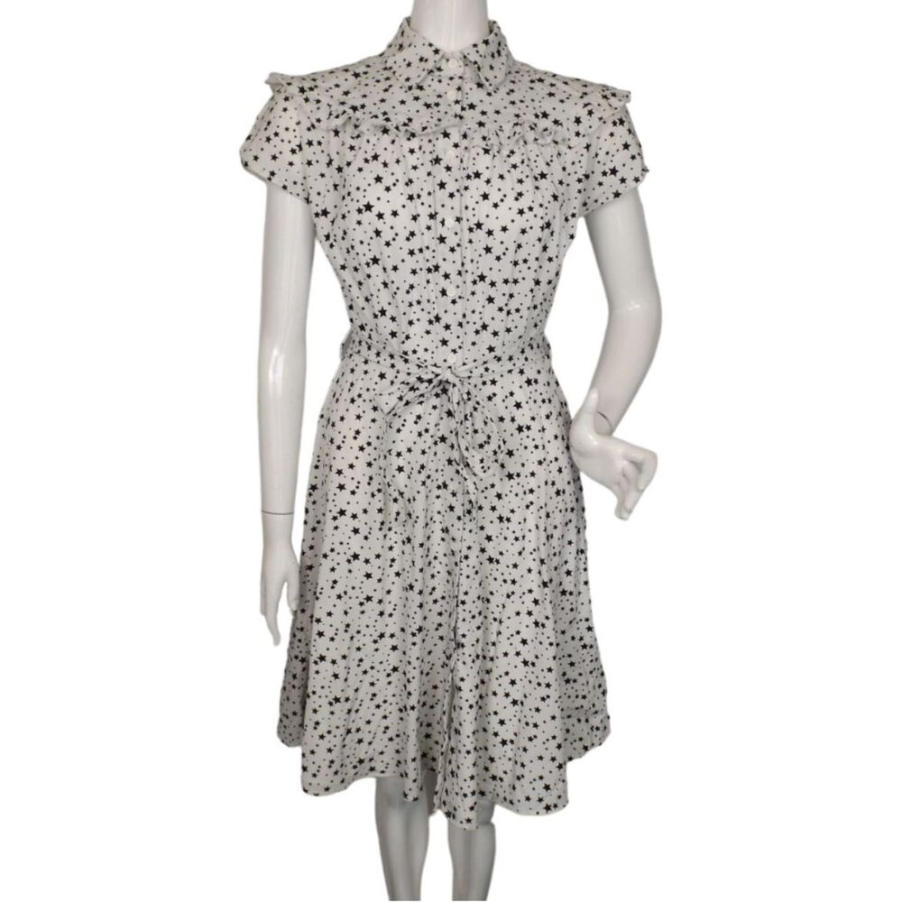 WILD MEADOW Dress, S, White/Black Stars, SS, Button front, Stretch, Sash
